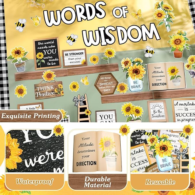 Mooliwe 57 Pcs Sunflower Bulletin Board Set Inspirational Flower Bulletin Board Decoration Positive Cutout Classroom Decoration for School Office Home Teacher Classroom Wall Supplies