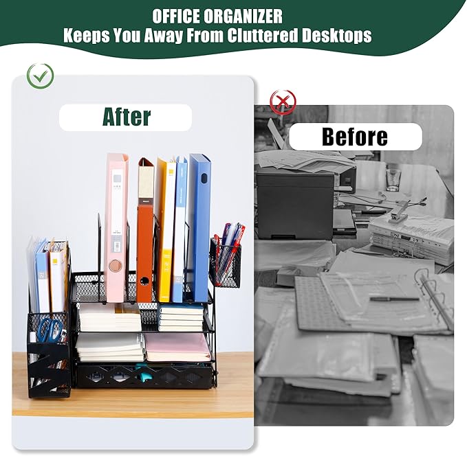 Desk Organizers and Accessories with File Holder, 4-Tier Mesh Paper Letter Tray Organizer with Drawer, 2 Pen Holders and 4 File Sorters, Desktop Organizer for Office Supplies
