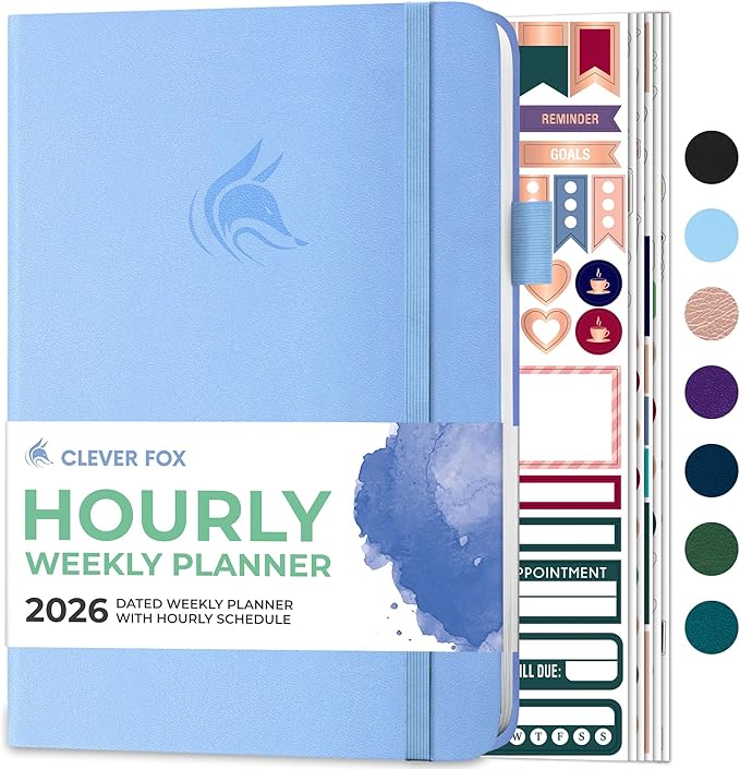Clever Fox Dated Hourly Weekly Planner 2026 – Daily, Monthly & Yearly Agenda Organizer with Time Slots – Hardcover Journal, A5 Size (Periwinkle)