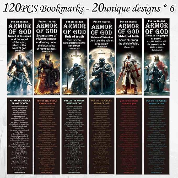 Full Armor of God Bookmarks Gifts - Cosmisun 120Pcs Christian Bible Verse Bookmark Paper Religious Knight Scripture Catholic Book Mark Page Markers Clip for Book Lover Bible Study Sunday School Church