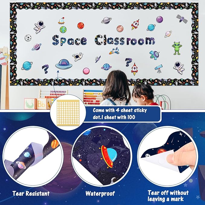 Kosiz Space Bulletin Board Decoration Set 118 ft Scalloped Bulletin Board Borders Classroom Poster Border Trim with 257 Pcs Letter Number Symbol Cutout for School Decor