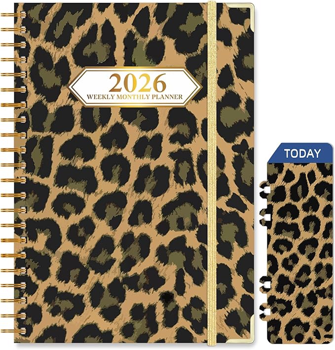 2026 Planner, Jan.2026 - Dec.2026 Planner Weekly and Monthly 6.25"x8.5" with with Page Tabs, Calendar Hardcover with Inner Pocket, Elastic Band, Twin-Wire Binding, Bookmark, Brown Leopard