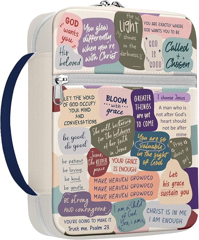 Inspirational Bible Cover for Women Girls Teens, Canvas Scripture Case with Handle and Zipper, Faith Quotes Bible Holder for Church and Bible Study, Christian Gift for Daughter Mom Friends