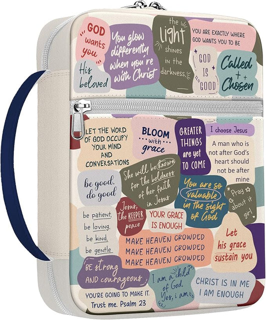 Inspirational Bible Cover for Women Girls Teens, Canvas Scripture Case with Handle and Zipper, Faith Quotes Bible Holder for Church and Bible Study, Christian Gift for Daughter Mom Friends