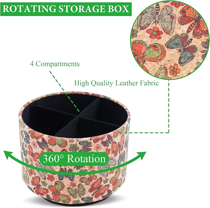 Round Leather Art Supply Organizer,Remote Control Holder,360 Degree Spinning,Multi-Functional Pencil Holder,4 Compartments Desktop Stationary Organizer(1-Color Butterfly)