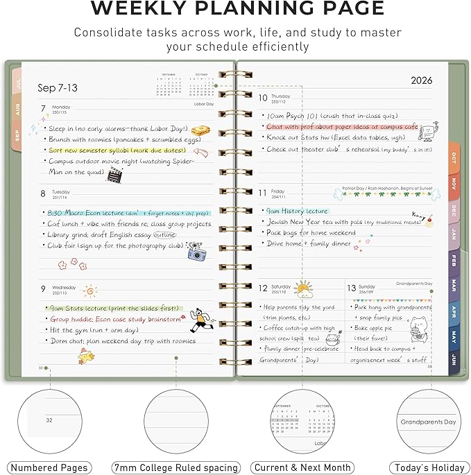 RETTACY Academic Planner 2026-2027, Weekly and Monthly, July 2026 - June 2027, Medium Size (5.7" x 8.3"), Calendar, Agenda, 12-Month Tabs, for Student, Teacher, School (Light Green)