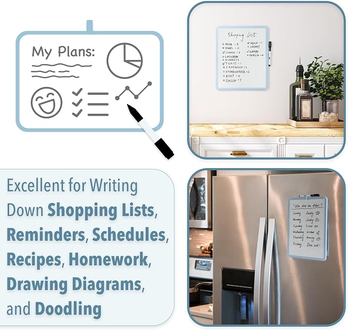 Mr. Pen- Dry Erase Board, 14” x 11” with a Black Dry Erase Marker, Blue Frame, Small Mini White Board for Students, Fridge, Wall, Locker, Includes Double Sided Tapes