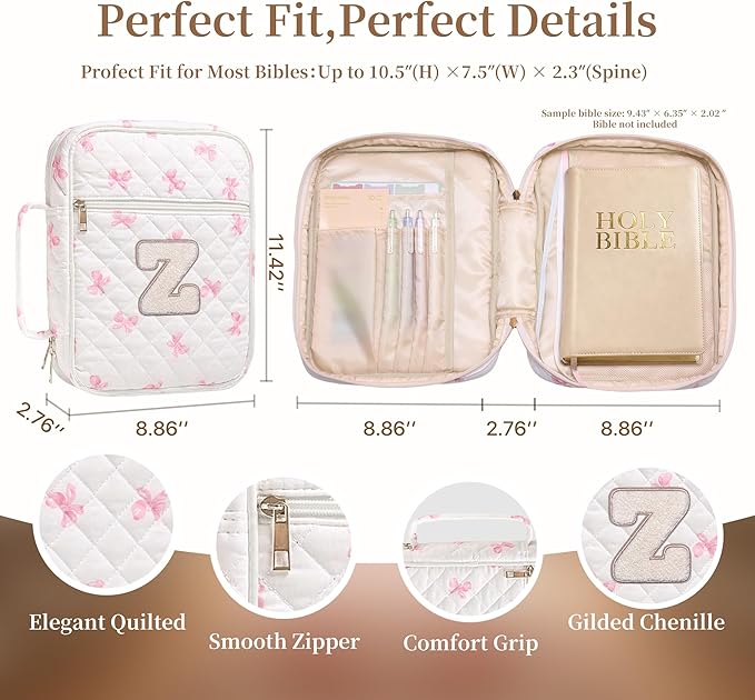 Personalized Initial Bible Cover Case for Women – Large Quilted Bible Bag with Handle, Chenille Letter, Bible Study Kit, Christian Gift for Mom, Grandma & Daughter (Pink Bow-Z)