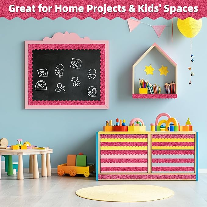3 Rolls 98.4 Ft Valentines Day Glitter Bulletin Board Borders Set - Magenta Bulletin Board Decorations for Classroom, Office, School & Home DIY - Perfect for Teachers, Posters & Birthday Party Decor