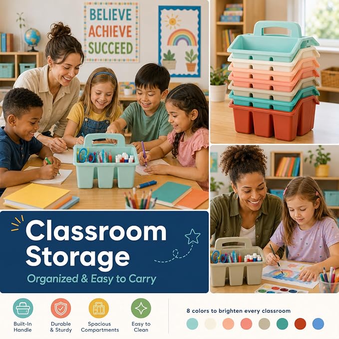 8 Pack Classroom Caddy Storage Basket with Handle 4 Compartment Storage Caddy Plastic Arts Crafts Caddies Protable Classroom Craft Caddies for Kids Schools Art Craft Supplies(Boho)