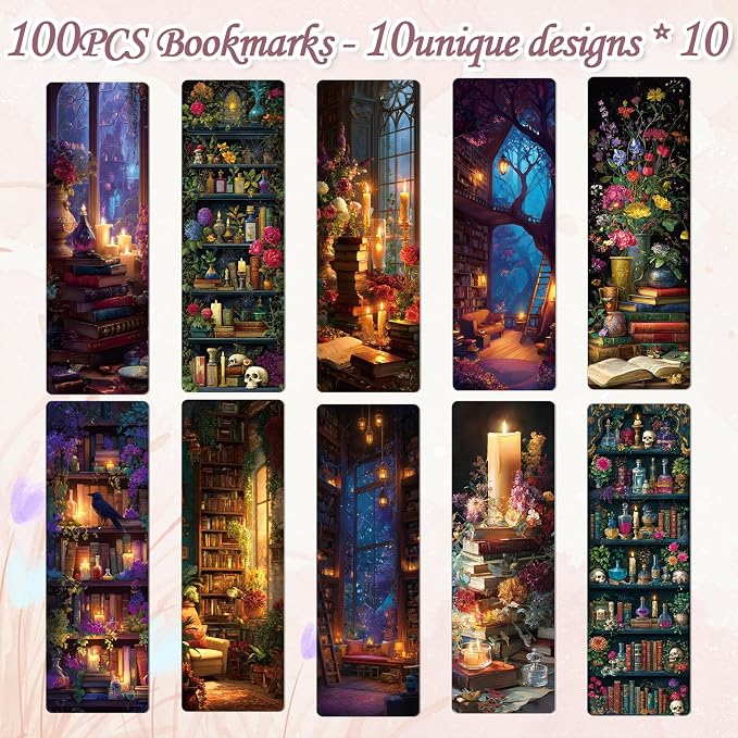 Wxiben Dark Academia Bookmarks Gifts - Wxiben 100Pcs Floral Library Bookshelf Book Marks Fantasy Witchy Apothecary Book Markers Page Clip GIF for Women Men Students Teacher Romantasy Reader Bookish