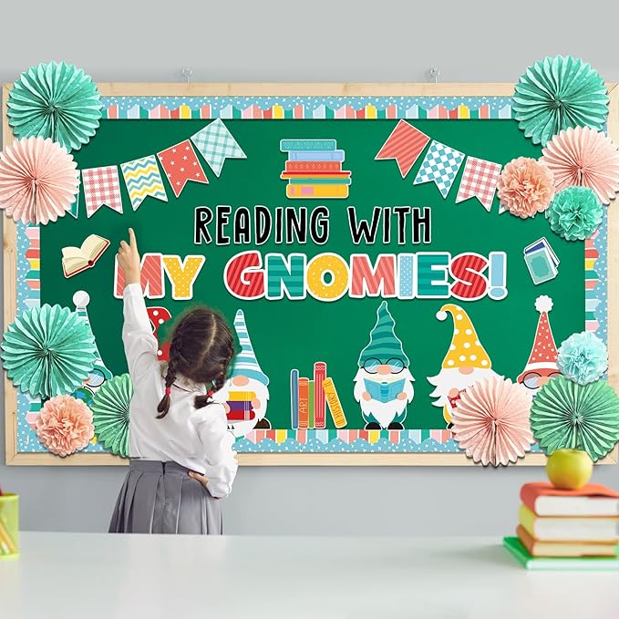 Back to School Gnomes Bulletin Board Decorations Set with 3D Tissue Paper Flower Paper Fan Reading My Gnomies Classroom Bulletin Board Border Gnomes Books Cutouts for Library Home Chalkboard Supplies
