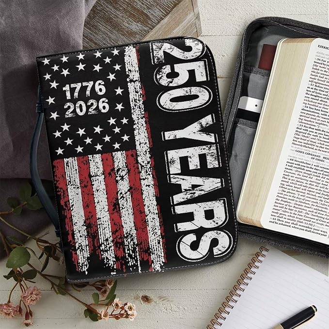 Bible Cover with Handle, 250 Year USA Flag Waterproof Carrying Book Case Church Book Bag with Zippered Pocket, Bible Study Accessories Patriotism Gifts for Women