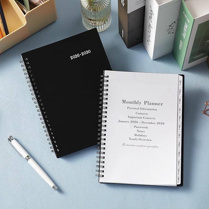 2026-2030 Monthly Planner/Calendar - Jan. 2026 - Dec. 2030, Monthly Planner, 5 Year, 6.2" x 8.3", Multi Year Calendar 2026-2030 with Twin-Wire Binding, Tabs, Storage Pocket - Black