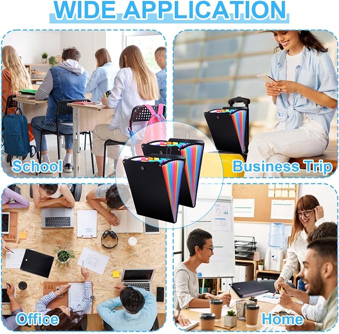 2 Pcs Expanding File Folder, 13 Pockets Vertical File Folder Accordion File Organizer, A4 Letter Size Paper Document Receipt Organizer Accordion Filing Folder for Classroom, Home, Office and Travel