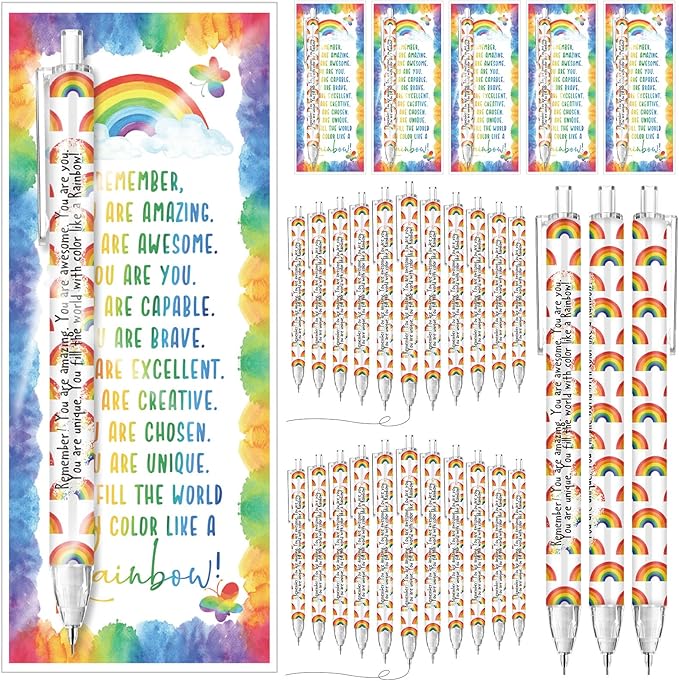 AmazingSpark 25 Set Inspirational 0.7 mm Rainbow Retractable Pencil Gifts for Students from Teacher Encouragement Affirmation Bookmark Cards Opp Bag Valentines Classroom Prize Awards for School