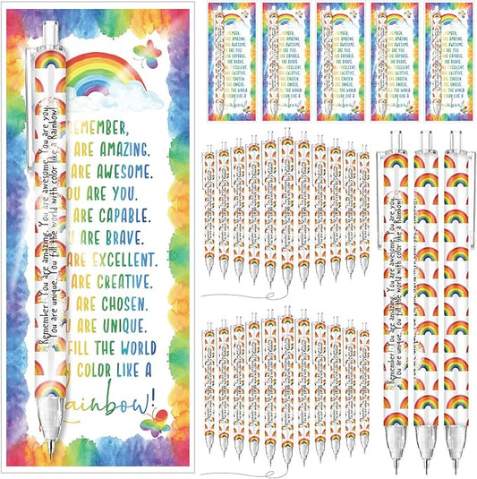 AmazingSpark 50 Set Inspirational 0.7 mm Rainbow Retractable Pencil Gifts for Students from Teacher Encouragement Affirmation Bookmark Cards Opp Bag Valentines Classroom Prize Awards for School