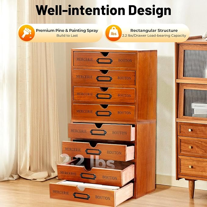 Vintage Drawer Wooden Drawers Organizer, Stackable Tiered Set of 4 Store Desktop Cabinets, 16-Drawer Desktop Organizer With Drawers, Metal Label Holder for Files Letters Herbs, Apothecary Cabinet