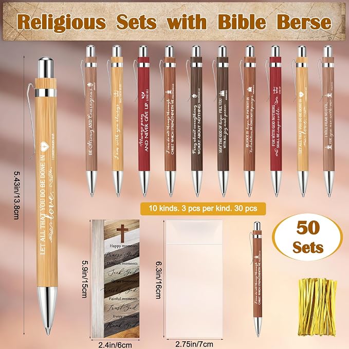 Spakon 50 Sets Father's Day Christian Gifts for Men Religious Bamboo Pens Bible Verse Bookmarks Engraved Brass Compass Bible Quotes for Dad Pastors Church Gifts Party Favors