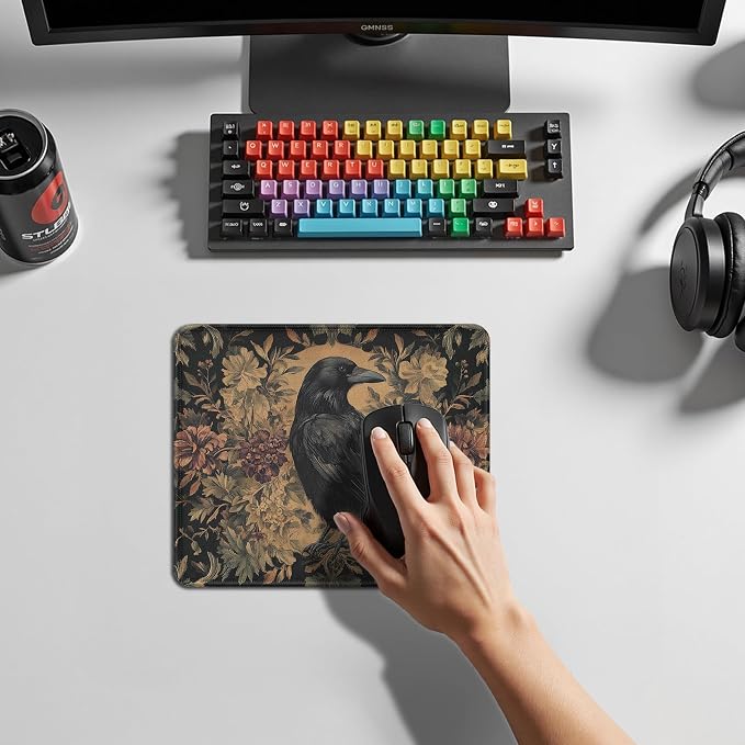 Moody Vintage Floral Raven Mouse Pad, William Morris Inspired Gothic Dark Cottagecore Flower Crow Mouse Pad for Home Office Computer Gaming Desk Essentials, 9.5x7.9 Inch