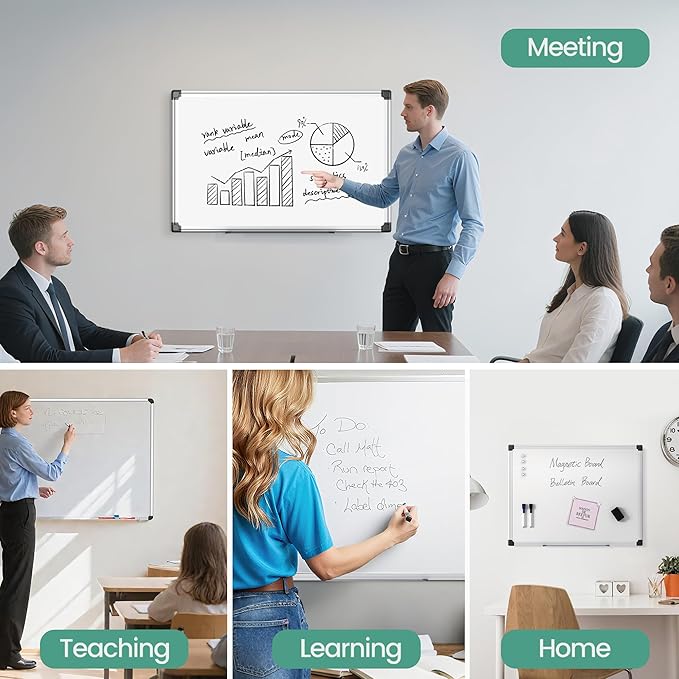 Magnetic White Board 36" x 24" for Wall, Dry Erase Board for Home Office, School, Study Room – Silver Aluminum Frame, 2 Markers, 4 Magnets, Eraser Included