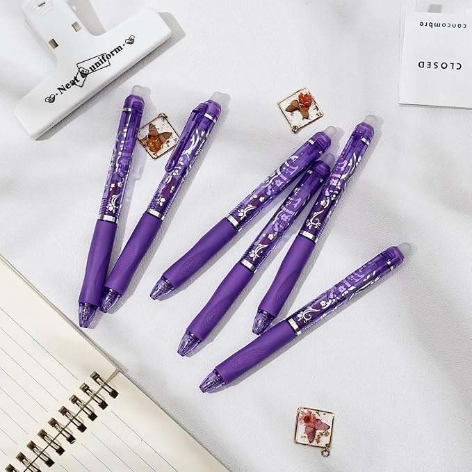 6 Pcs Retractable Erasable Pens, Colored Gel Purple Ink Pens Clicker with Erasers, 0.5mm Fine Point Smooth Writing Pen for Journaling Note-Taking Crossword Puzzles Supplies (Purple)