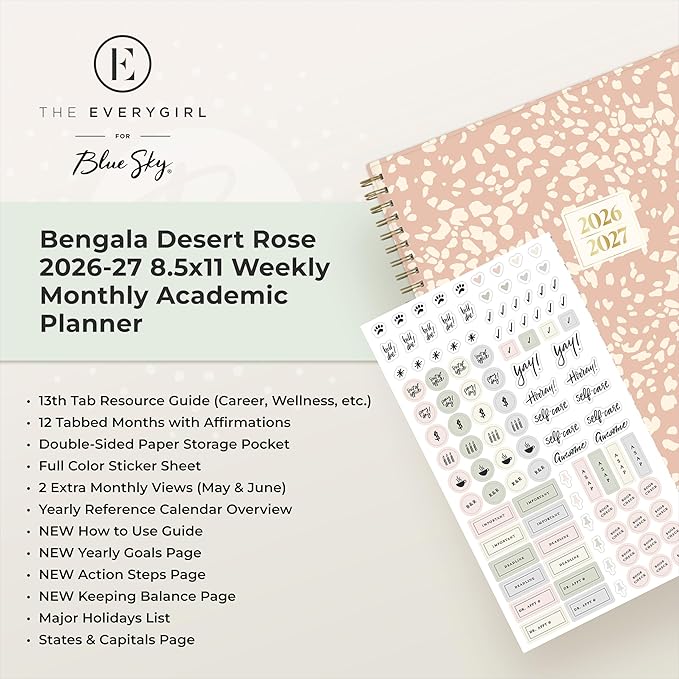 Blue Sky The Everygirl 2026-2027 Weekly and Monthly Academic Year Planner Calendar, July 2026 - June 2027, 8.5" x 11", Flexible Cover, Wirebound, Laminated Tabs, Storage Pocket, Includes Stickers, Bengala Desert Rose