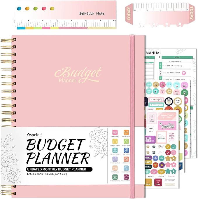 Ospelelf Budget Planner - Monthly Budget Book with Expense Tracker Notebook, Undated 12 Month Bill Organizer & Finance Planner, A4 Account Book with 12 Index Pockets, Zipper Pouch, Stickers(Pink)