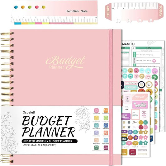 Ospelelf Budget Planner - Monthly Budget Book with Expense Tracker Notebook, Undated 12 Month Bill Organizer & Finance Planner, A4 Account Book with 12 Index Pockets, Zipper Pouch, Stickers(Pink)