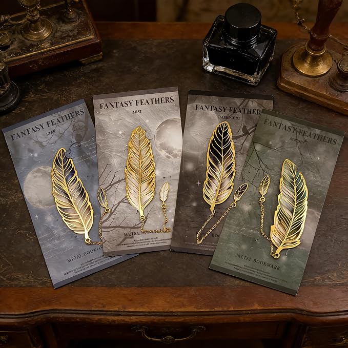 4Pcs Fantasy Feather Bookmarks for Books, Metal Bookmark with Chain, Unique Reading Accessories for Women Book Lovers, Teachers, Students