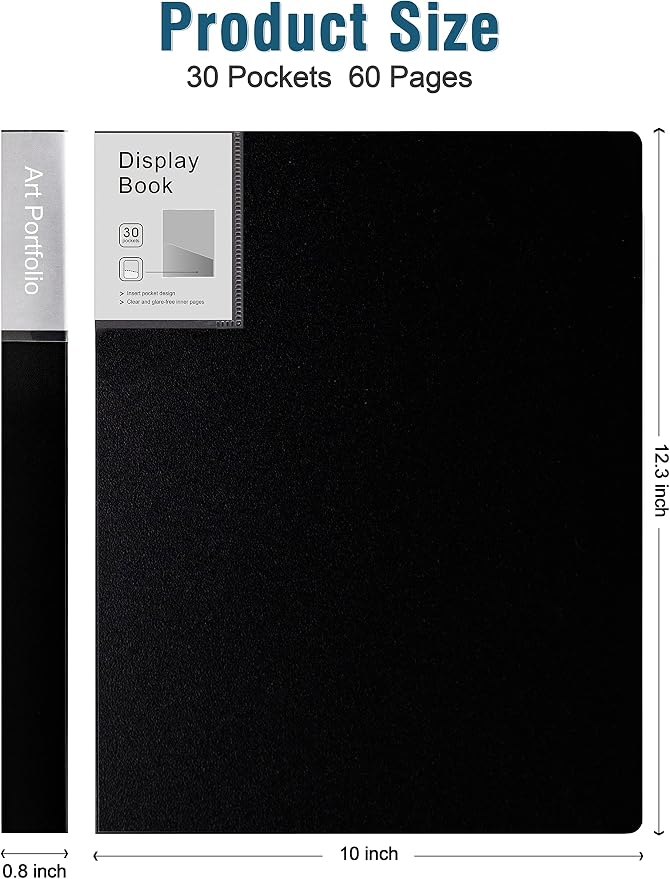 Folder with Plastic Sleeves 4 Pack 9"x12" Black Portfolio Folder for Artwork Display Book 30 Pockets 60 Pages Capacity