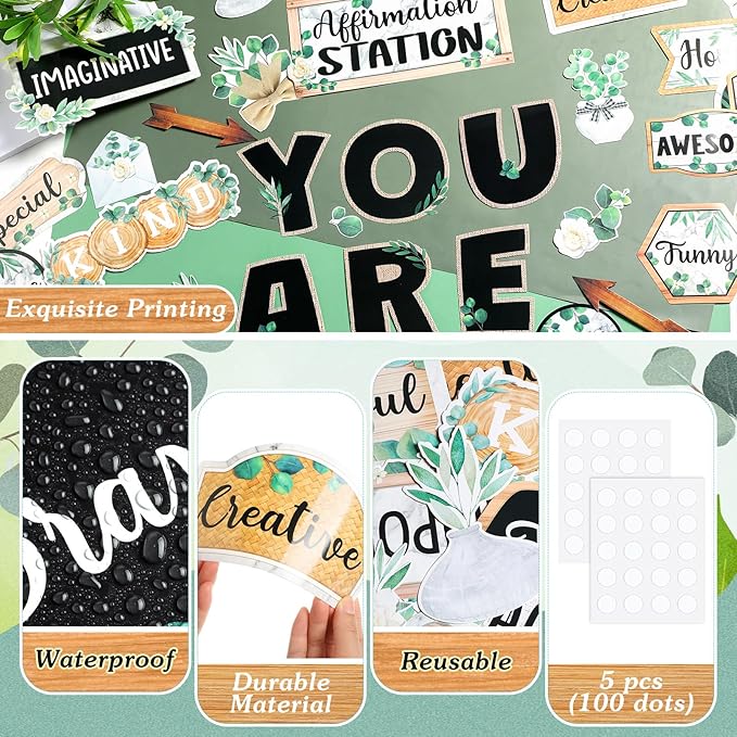 45 Pcs Eucalyptus Affirmation Station Bulletin Board Set Motivational Posters Classroom Mirror Growth Mindset Decor Positive Affirmations Accents Cutouts for School Office Home Teacher Wall