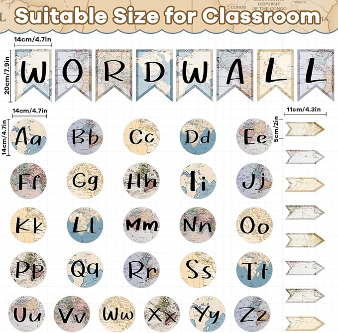 Word Wall Bulletin Board Set Alphabet Letter for Classroom ABC Poster Chart Sight Words Travel the World Map Border for First Grade Pre School Kindergarten Elementary Classroom Wall Decor Supplies
