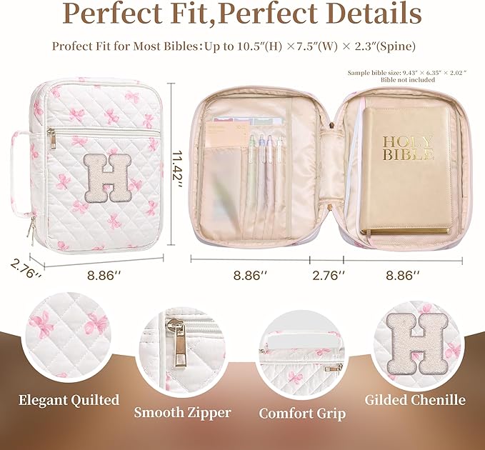 Personalized Initial Bible Cover Case for Women – Large Quilted Bible Bag with Handle, Chenille Letter, Bible Study Kit, Christian Gift for Mom, Grandma & Daughter (Pink Bow-H)