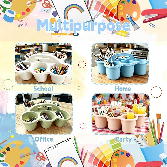 6 Pack Classroom Caddy Organizer with Handle Morandi Plastic Table Caddy 6 Compartments Storage Cup Holder for School Supplies Art Crafts Crayons Pencils Stackable Desk Daddy for Office