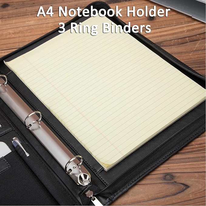 Leather Portfolio with 3 Ring Binder, Vegan Leather Padfolio Zippered, A4 Notebook Holder Laptop Sleeve Professional Business Organizer Gift for Men and Women, Black