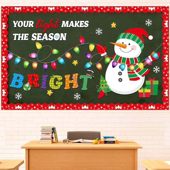 Funrous Christmas Bulletin Board Decoration Set Xmas Tree Classroom Decor Snowman Santa Claus Gnome Snowflake Cutout Winter Border Trim for Xmas Holiday Office Wall Door Supplies (Light Bulb)