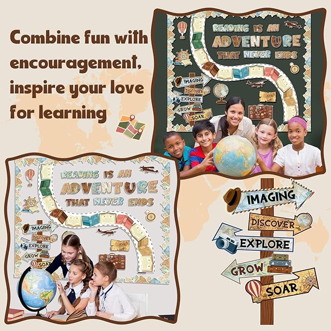 Honoson 48 Pcs Travel Bulletin Board Set Classroom Decorations Reading is an Adventure Bulletin Board Motivational Paper Cutout for Back to School Library Chalkboard Wall Decor(Travel)
