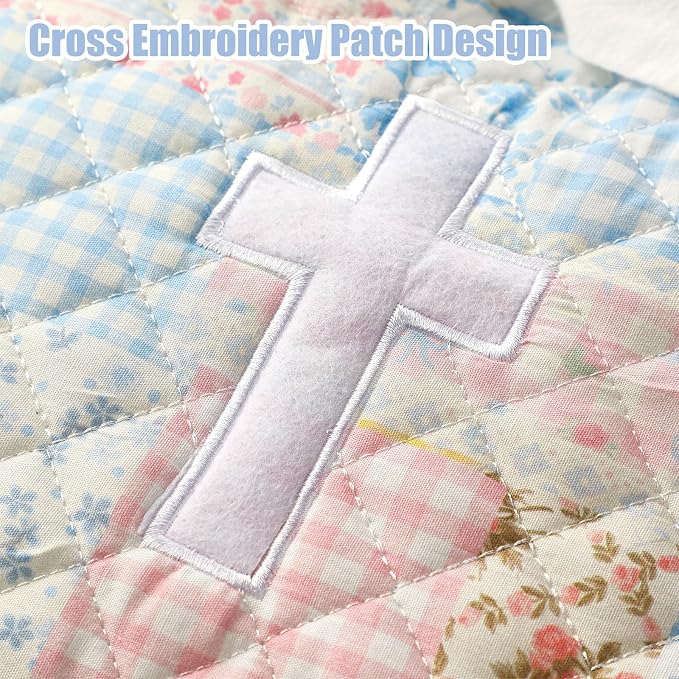 Honoson Quilted Bow Bible Sleeve Cover Case Padded Protector Washable Bible Bag Pouch Christian Gift for Women Girls Book Lover Gifts(Blue Floral Patchwork Cross)