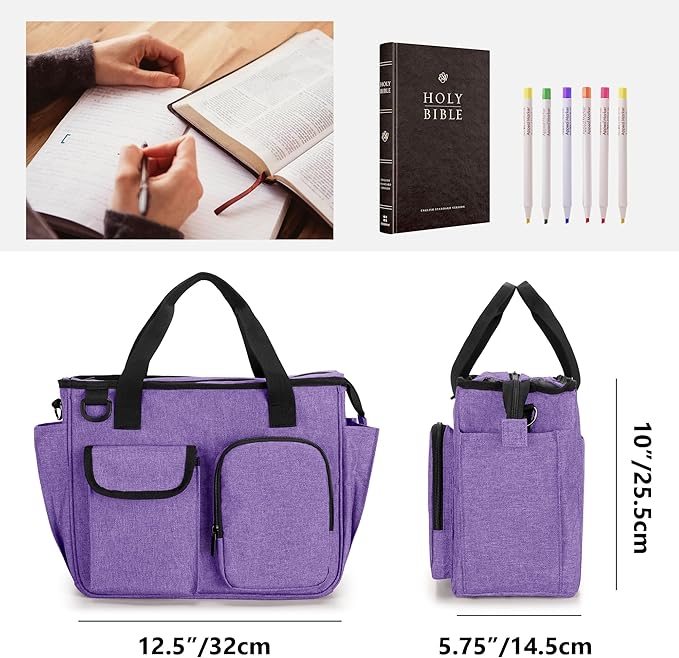 LUXJA Large Bible Bag with Water Bottle Pocket and Shoulder Strap, Bible Tote Bag for Women with Multiple Pockets (Bag Only), Purple