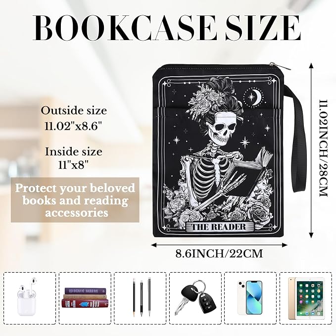 Gothic Book Sleeve Pouch - Skeleton Tarot Books Covers Protector for Paperbacks with Handle Pocket Waterproof Bookworm Accessories Bookish Birthday Halloween Christmas Gift for Reading Lover
