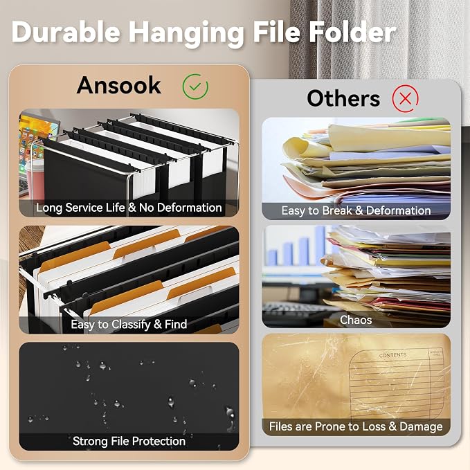 Ansook Legal Size Hanging File Folders Extra Capacity, Heavy Duty 3" Expandable Legal File Folder Hanging,6 Pack Plastic File Cabinet Folders for File Frmae/Box, Office School Hanging File Organizer