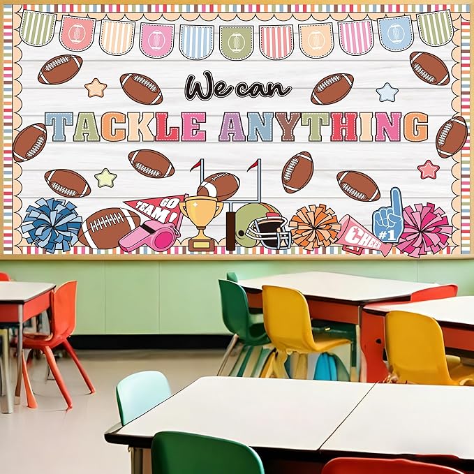 Sports Football Bulletin Board Set Classroom Decorations We Can Tackle Anything Inspirational Bulletin Board Football Theme Cutouts for School Office Chalkboard Whiteboard Wall Window Decor