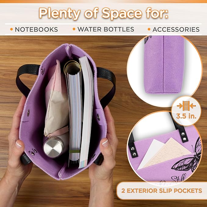 Christian Art Gifts Felt and Faux Leather Fashion Butterfly Cover Tote Bag for Women: Be Still and Know - Psalm 46:10 Inspirational Bible Verse, Purple & Black Durable Tote Bag for Books and Supplies