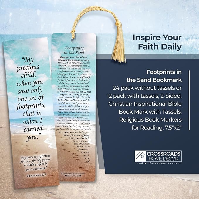Footprints in The Sand Bookmark - 12 Pack, 2-Sided, Christian Inspirational Bible Book Mark with Tassels, Bulk Religious Book Markers for Reading, 7.25"x2" (12 Bookmarks)