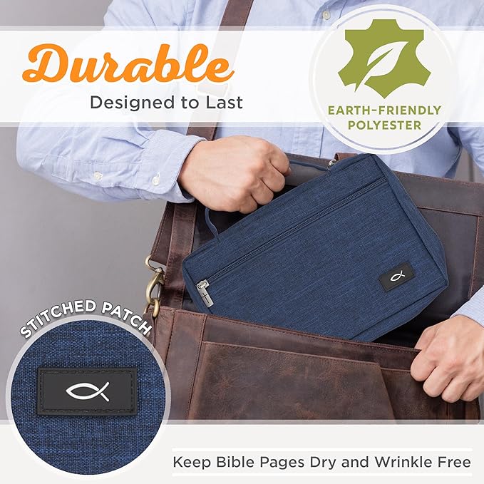 Christian Art Gifts Polyester Bible Cover for Men & Women w/Jesus Fish Patch, Zipper Pocket, Pen Loops, Easy Carry Book Case for Stationery, Accessories, Navy Blue, XL