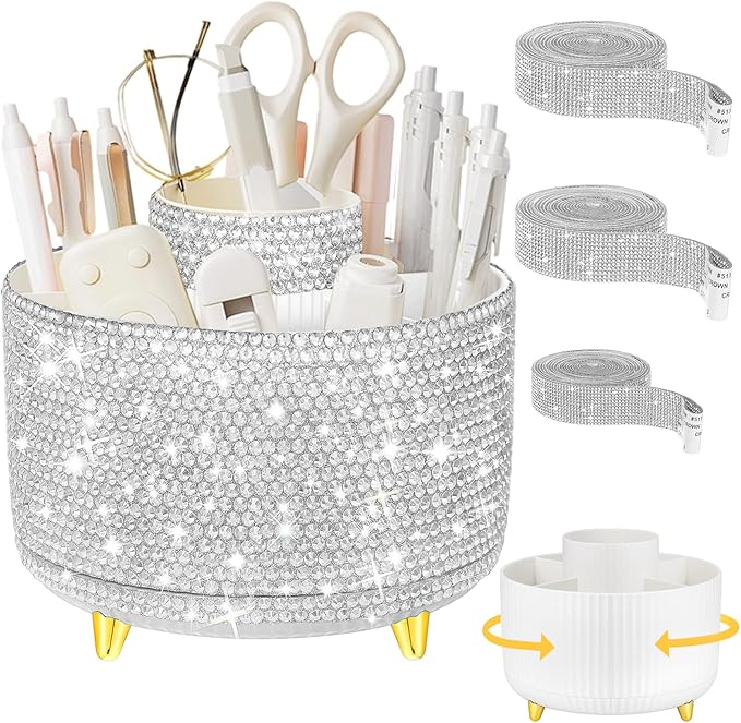 Yi-gog 360°Rotating Makeup Organizer Brush Holder with DIY Diamond Gifts Women Girls Vanity Desktop Office Dresser Bedroom