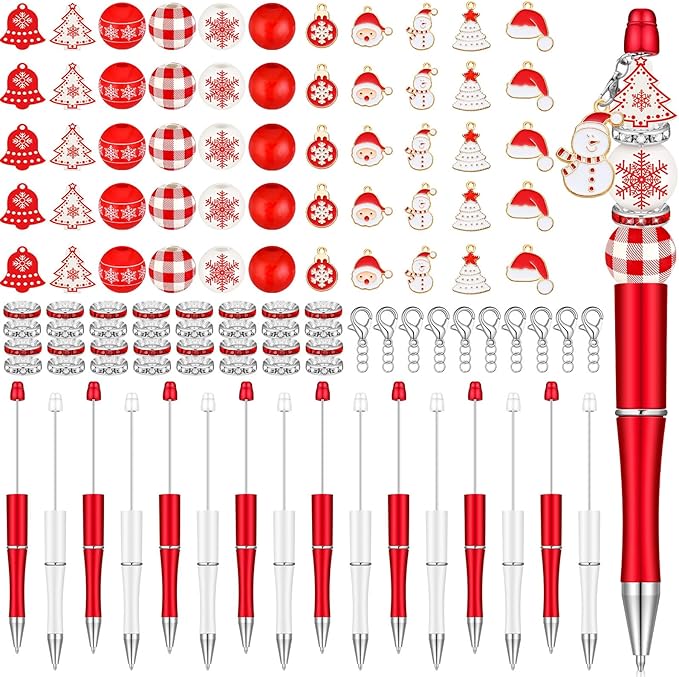 Zhanmai 20 Pcs Christmas Beadable Pens bulk with 100 Assorted Wooden Beads 20 Metal Pendants 40 Spacer Beads 25 Lobster Clasp Plastic Classic red Bead Pens for Student School Office DIY Making Gift