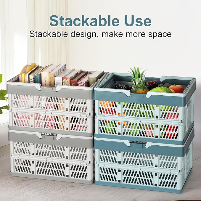 Heavy Duty Plastic Milk Crates for Storage, 2-Pack Stackable Storage Bins for Organizing, Collapsible Shopping Basket with Handle for Groceries, Suitable for Home Office School Store, Gray