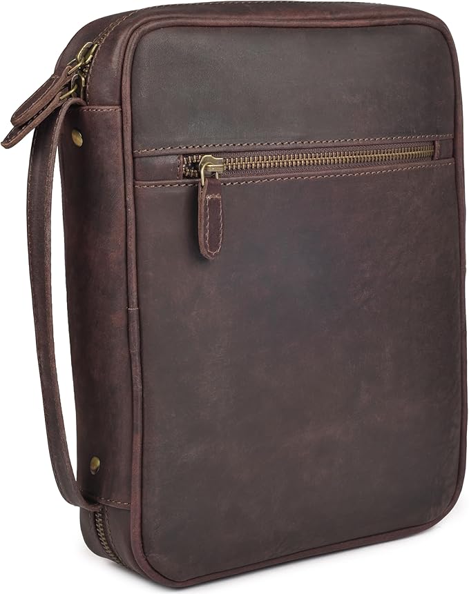 LEATHER VILLAGE Genuine Leather Bible Cover with Zipper for Men & Women - Large Bible Case Carrying Bag Book Cover & Organizer with Handle and Pockets - Leather Bible Covers for Church Study - Cherry